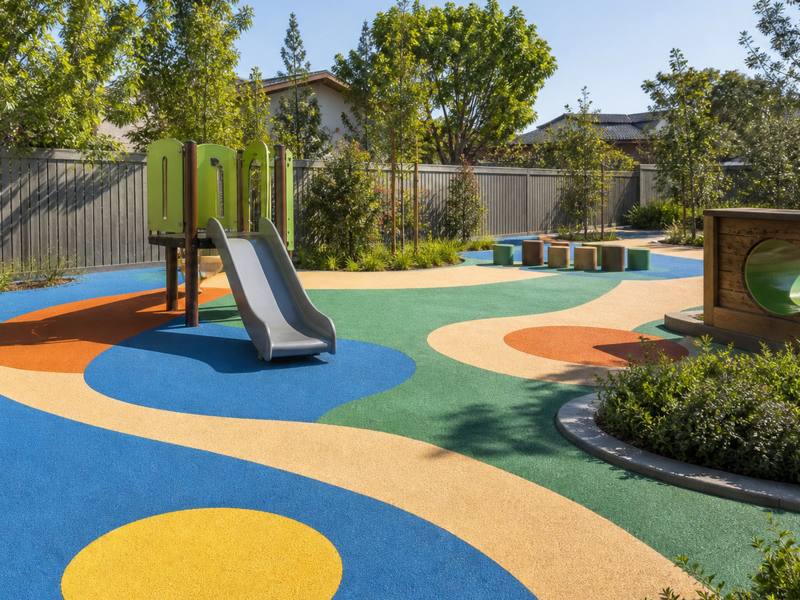 A Milton daycare play area finished in yellow, blue and green rubber surfacing.
