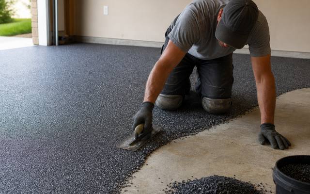 A garage floor being resurfaced by hand in charcoal rubber surfacing.