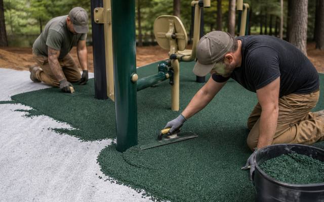 Two installers pouring green rubber surfacing around outdoor gym machines.