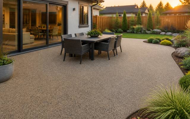 A backyard patio and pool surround in tan rubber surfacing at dusk.