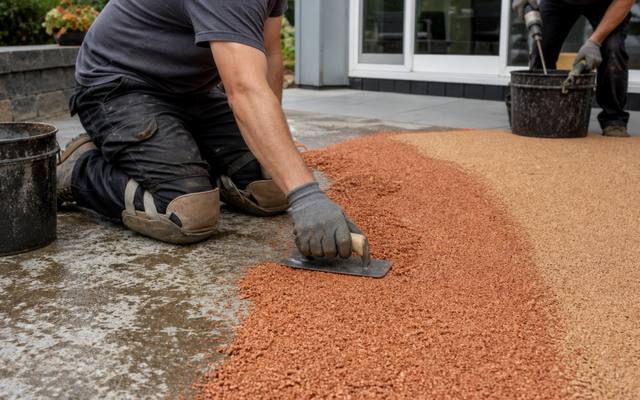 An installer troweling the edge of a backyard pool deck in grey rubber surfacing.